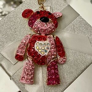 NEW CRYSTAL RHINESTONE PATCHWORK BEAR HANDBAG CHARM/ KEYCHAIN RED/PINK